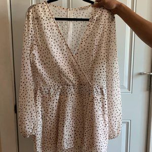 Polka Dot Jumpsuits Deep V-Neck Long Sleeve Knot F